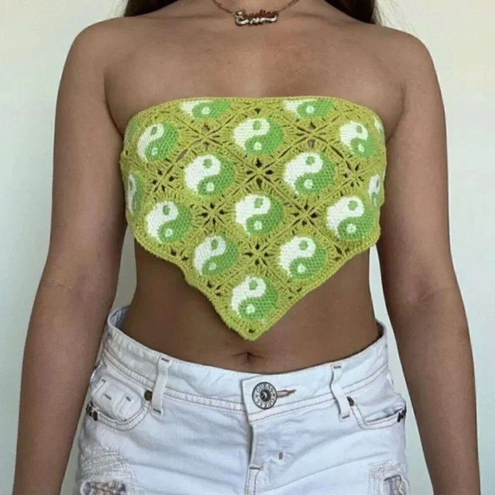 Urban Outfitters Yin Yang Icon Crochet Hair Bandanna Lime Green Knit Scarf Top